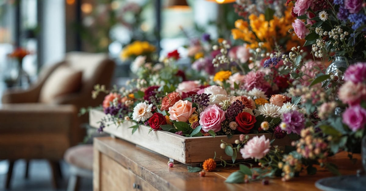 Décoration florale événementielle avec arrangements de fleurs fraîches sur tables pour réception élégante