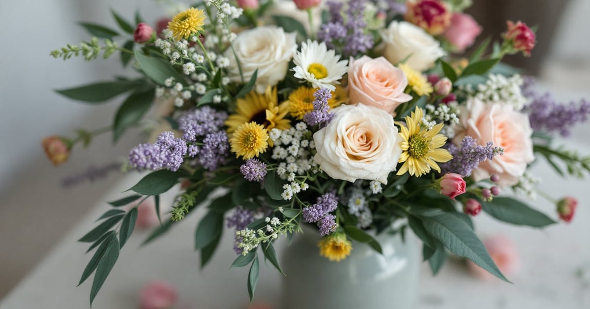 Planification de décoration florale événement avec croquis, palette de couleurs et échantillons de fleurs