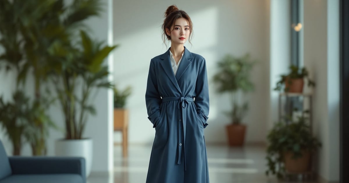 Robe femme élégante portée par une femme dans un cadre moderne, photographie éditoriale naturelle