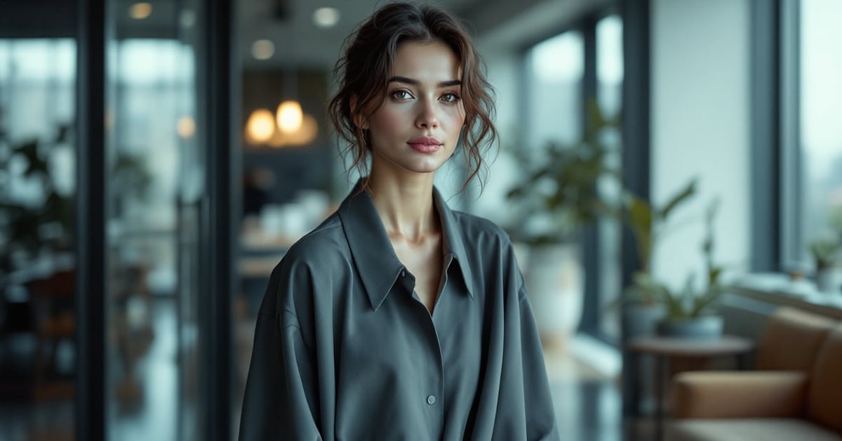 Femme élégante portant une robe longue fluide dans un cadre moderne et lumineux