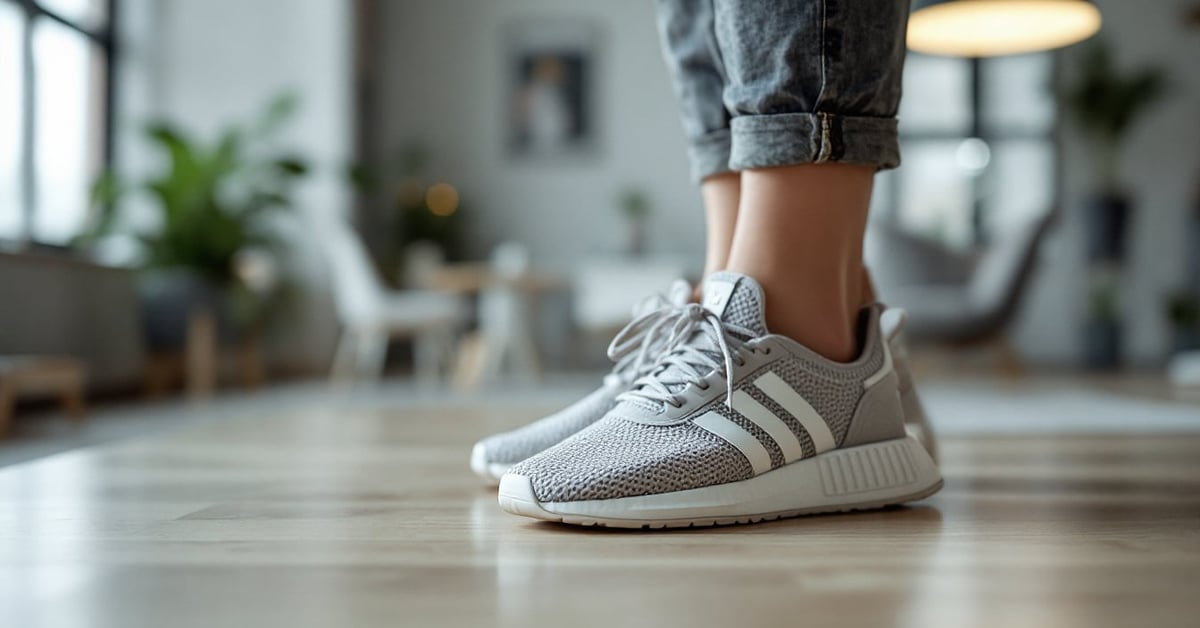 Chaussures Adidas femme posées sur fond épuré, photo éditoriale naturelle en lumière ambiante