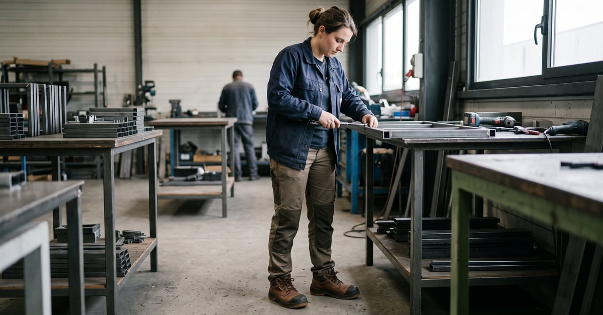 Chaussures de sécurité femme robustes et modernes posées sur un fond épuré