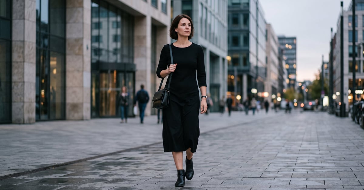 Robe noire pour femme élégante, style éditorial moderne, tenue polyvalente toute l'année