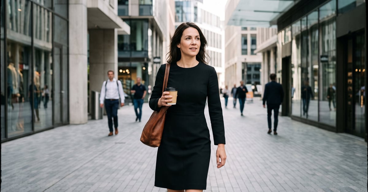 Femme élégante portant une robe noire ajustée, style éditorial moderne
