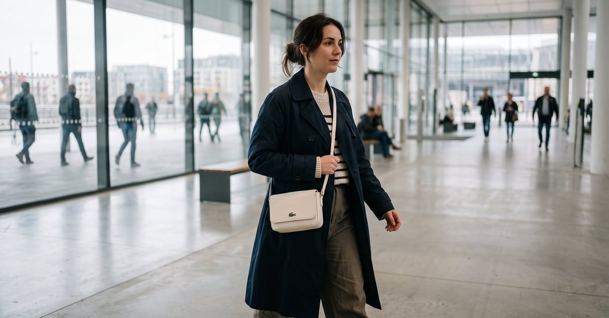 Sac à main Lacoste en cuir posé sur fond neutre moderne – style élégant et sportif