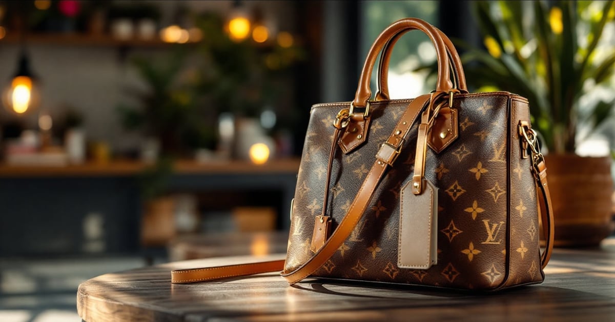Sac à main Louis Vuitton en cuir monogrammé posé sur fond neutre élégant