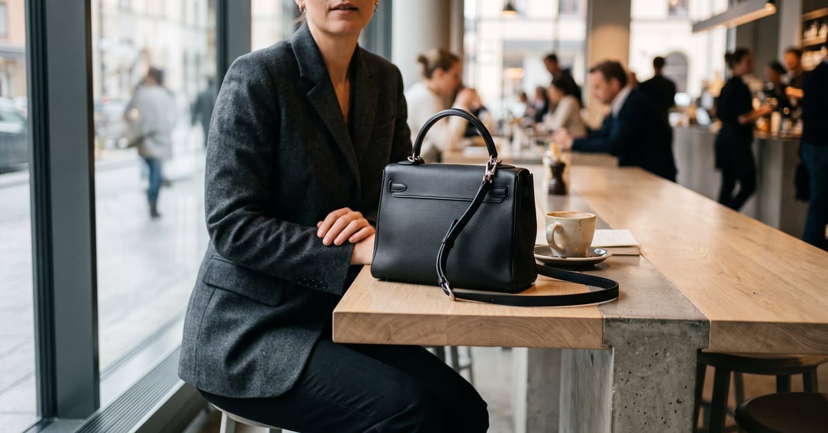 Sac à main noir élégant posé sur un fond épuré dans un cadre moderne