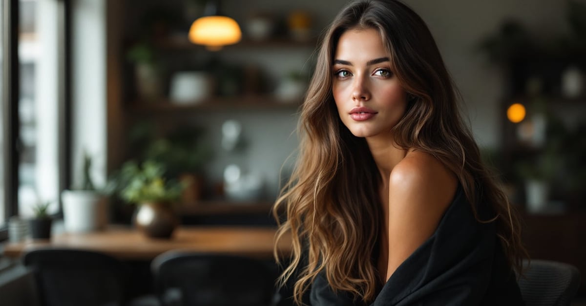 Femme aux cheveux longs et brillants coiffés avec soin, mise en valeur en lumière naturelle