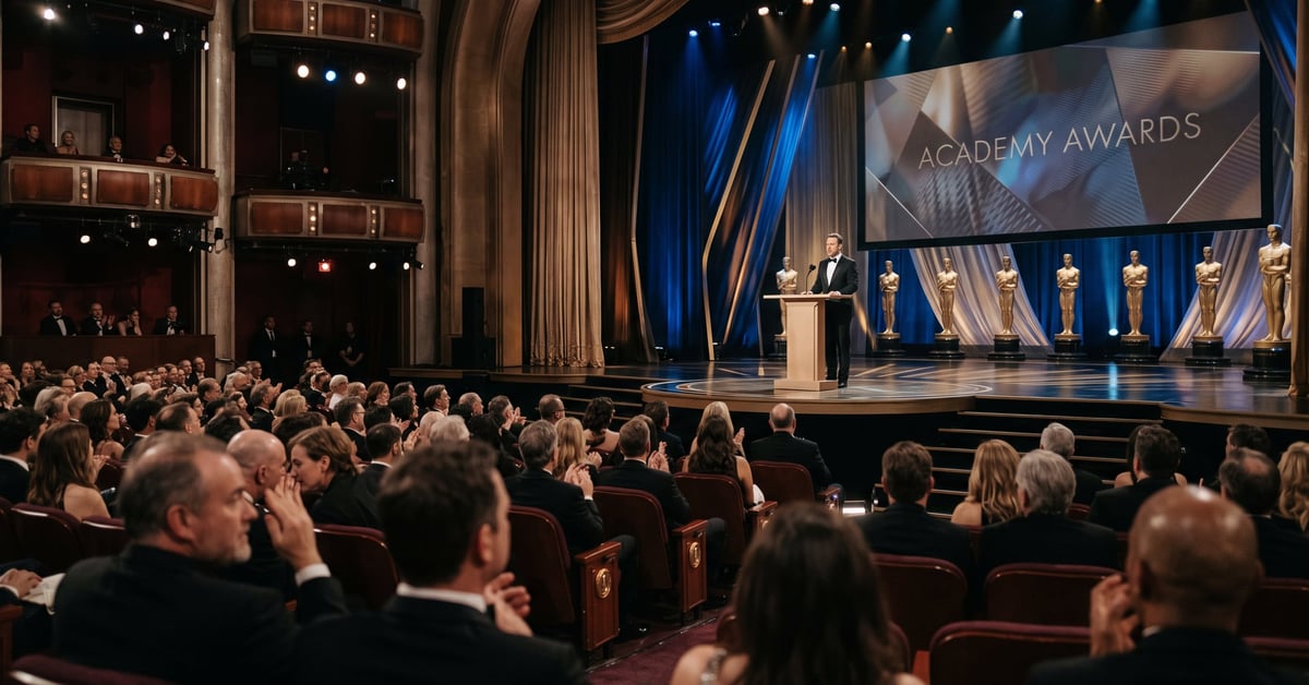 Cérémonie des Oscars : scène de remise de récompenses dans une salle de gala hollywoodienne