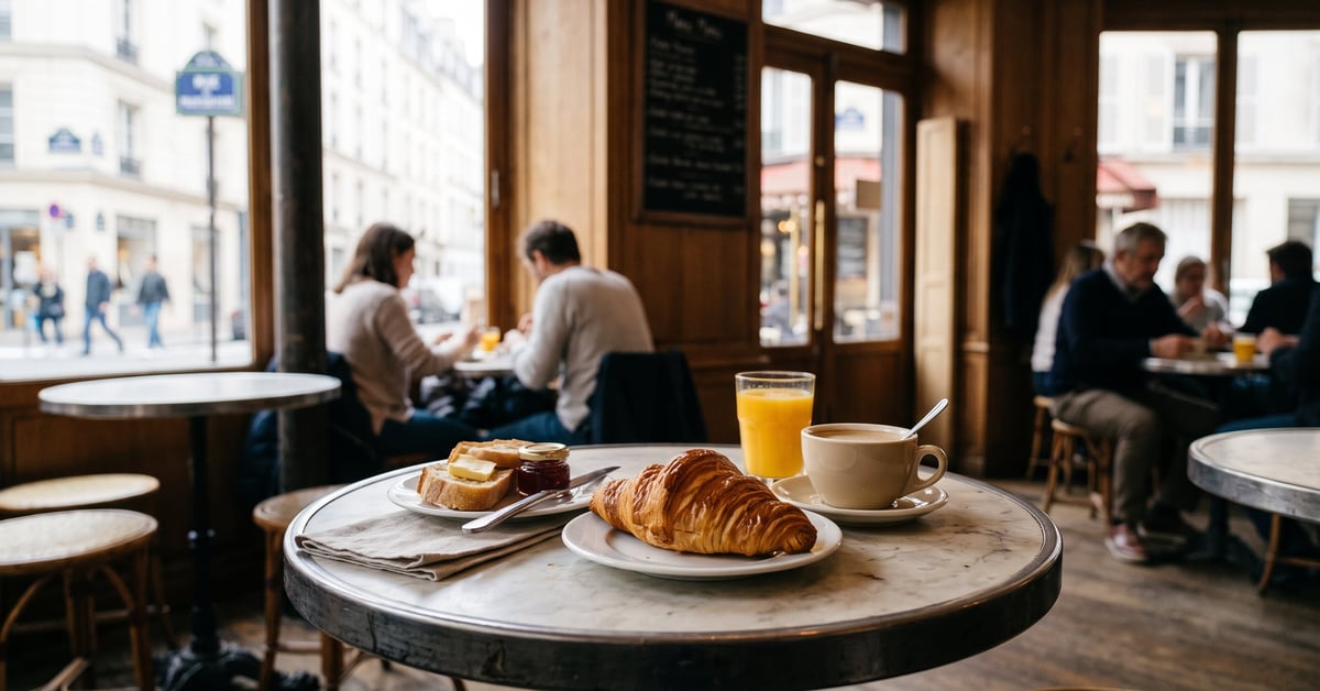 Petit déjeuner parisien avec croissants, café au lait et tartines sur une table de bistrot