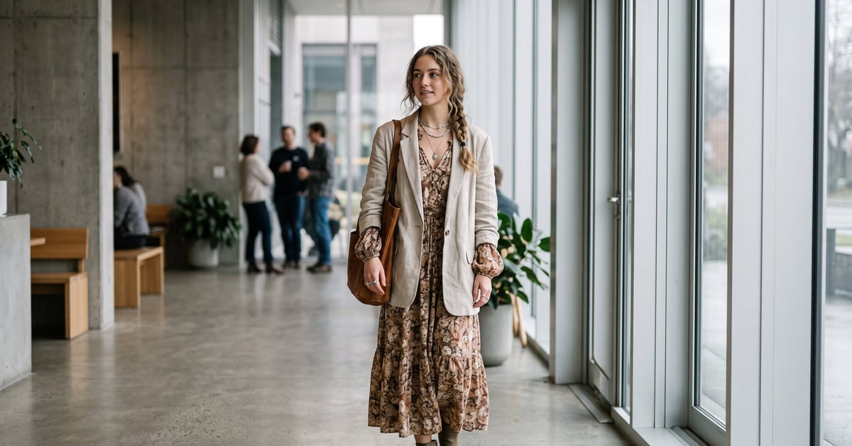 Tenue bohème chic avec robe fluide, accessoires dorés et sandales en cuir dans un cadre naturel
