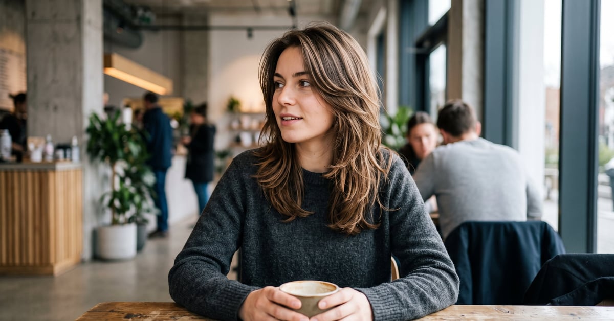 Coupe cheveux dégradé mi long sur femme aux cheveux châtains, style naturel et moderne