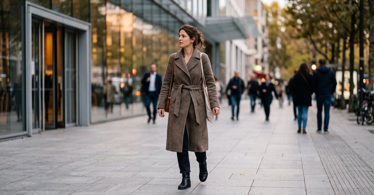 Femme portant un manteau mi-long élégant, style éditorial moderne – manteau mi-longue femme