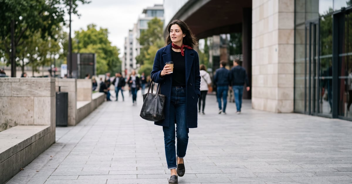 Femme élégante arborant un parisien look intemporel dans les rues de Paris